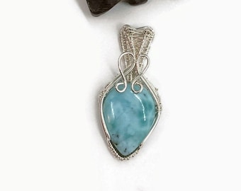 Sterling Silver Wire Wrapped Necklace Pendant with Larimar/Wire Wrapped Jewelry/Larimar Jewelry