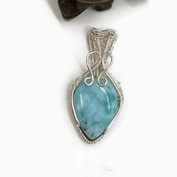 Sterling Silver Wire Wrapped Necklace Pendant with Larimar/Wire Wrapped Jewelry/Larimar Jewelry