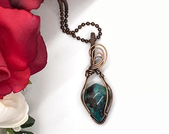 Copper Wire Wrapped Necklace Pendant with Chrysocolla/Wire Wrapped Jewelry/Gemstone Jewelry/Copper Jewelry/
