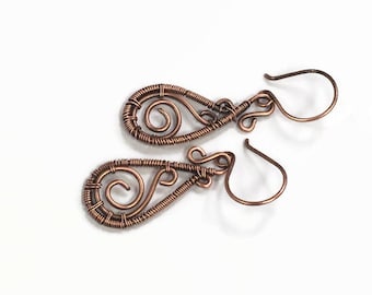 Hammered Copper Wire Wrapped Earrings: Boho Paisley Dangle Jewelry