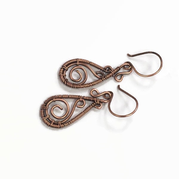 Copper Wire Wrapped Earrings/Copper Wire Wrapped Jewelry/Copper Wire Jewelry/Hammered Earrings/Dangle Earrings/Paisley Earrings/Boho Style