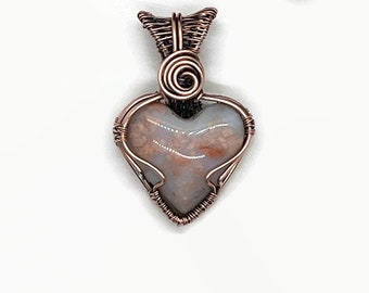 Copper Wire Wrapped Cotton Candy agate/Heart Necklace/Heart Shaped Pendant/Copper Wire Jewelry/Copper Wire