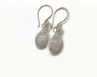 Sterling Silver Wire Wrapped Earrings with Moonstone/Moonstone jewelry/Wire Wrapped Jewelry