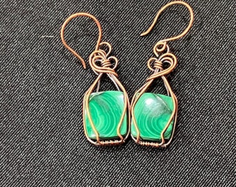 Copper wire wrapped earrings with Malachite