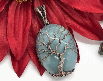 Copper Wire Wrapped Tree of Life Aquamarine Necklace Pendant/Wire Wrapped Jewelry/Copper Jewelry