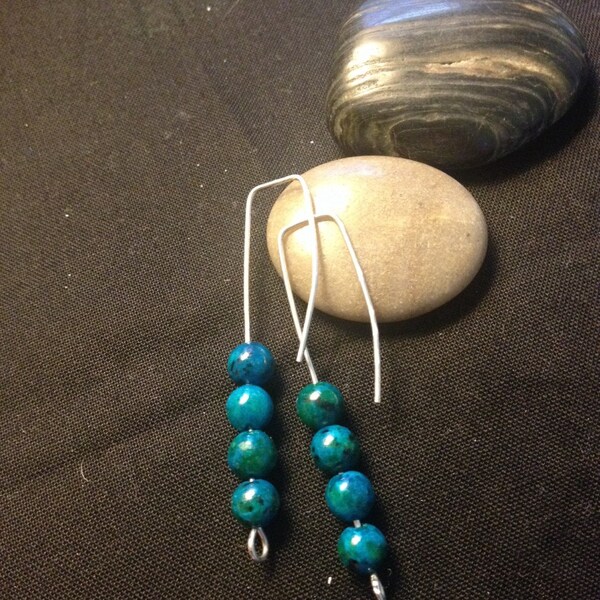 Chrysocolla Threader Earrings/ Natural Stone Earrings/ Threader Earrings/ Boho Earrings/ Wire Wrap Jewelry/ Wire Wrap Earrings/Blue Earrings