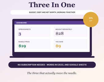 Peut inclure: Un graphique de tableau de bord numérique pour Microsoft Excel et Google Sheets intitulé Three In One, présentant des sections pour le budget, la dette et la valeur nette. Il affiche des détails de prix, un badge 32% off et le texte : No subscription needed - works in Excel and Google Sheets.