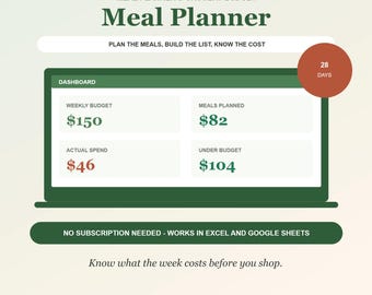Peut inclure: Un modèle numérique de planificateur de repas et de budget d'épicerie pour Microsoft Excel et Google Sheets. Le tableau de bord affiche un budget hebdomadaire de 150 $, 82 $ de repas prévus, 46 $ de dépenses réelles et 104 $ sous budget.