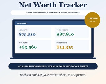 Peut inclure: Un tableau de bord numérique de suivi de la valeur nette pour Microsoft Excel et Google Sheets. L'interface affiche la valeur nette, le total des actifs, la variation mensuelle et les investissements en dollars, avec un badge d'historique de 12 mois.