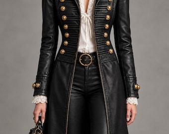 Abrigo de piel de cordero negra con botones dorados - Chaqueta de estilo gótico victoriano