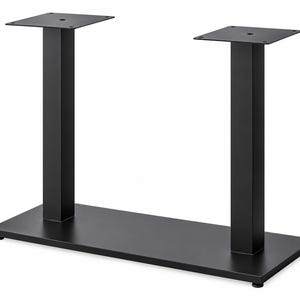 May include: A matte black metal table base featuring a rectangular flat bottom plate and two vertical square columns. Each column is topped with a square mounting plate that includes four pre-drilled screw holes for attachment to a tabletop surface.