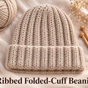 May include: A beige knitted beanie featuring a thick ribbed texture and a wide folded cuff. The hat is displayed alongside a ball of matching yarn and wooden knitting needles. The text Ribbed Folded-Cuff Beanie is printed at the bottom.