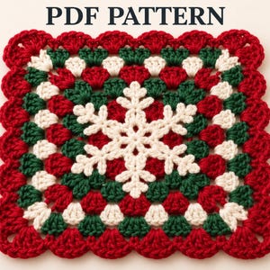 Christmas Granny Square Crochet Pattern, Festive Afghan Block, Snowflake Crochet, Crochet Blanket Square, Digital PDF Download