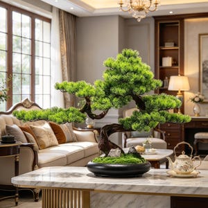 Può includere: Un bonsai artificiale decorativo con fogliame verde brillante simile ad aghi e un tronco curvo marrone scuro, piantato in un vaso di ceramica nera ovale poco profondo con muschio verde e due piccole pietre grigie alla base.