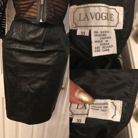 Vintage 1990's Black Leather Pencil Skirt/ La Vog… - image 4