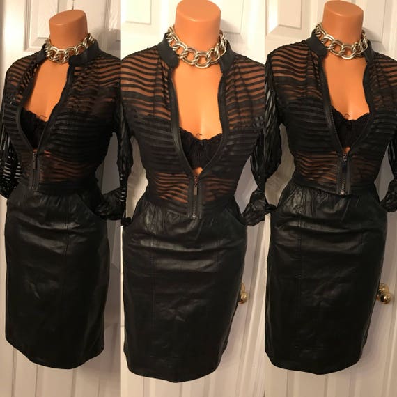 Vintage 1990's Black Leather Pencil Skirt/ La Vog… - image 1