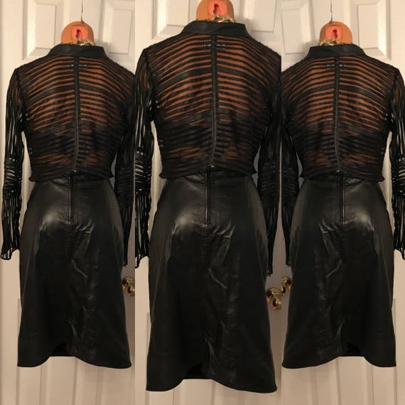 Vintage 1990's Black Leather Pencil Skirt/ La Vog… - image 3