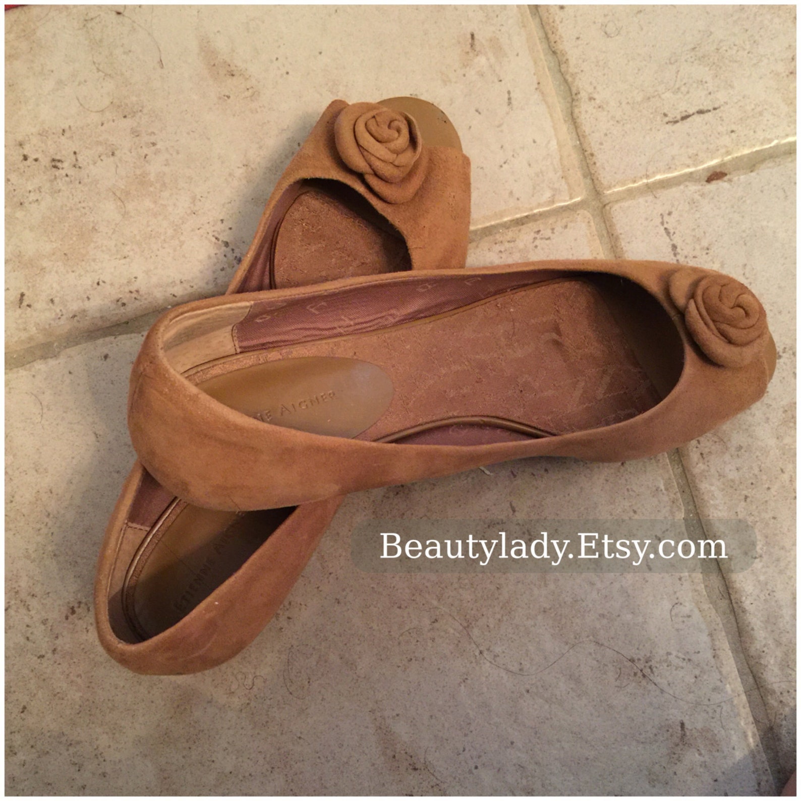 vintage etienne aginer peeptoe flats / cognac suede vintage designer ballet flats ladies size 9usa/ uk6/eur 39