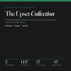 以下が含まれることがあります： ダークな背景のグラフィックで、タイトルは「The Upset Collection, College Football」。テキストには「How upsets happen, and every one that has. The method and the record, in a single volume.」と記載。統計データは「2 complete books」「1,147 upsets logged」「27 seasons covered」「+45 biggest line beaten」です。