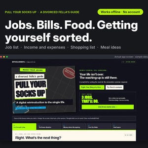 May include: A digital interface for a life management application titled Pull Your Socks Up: A Divorced Fella's Guide. The dark-themed screen displays text including Jobs, Bills, Food, Getting yourself sorted, and various task lists.