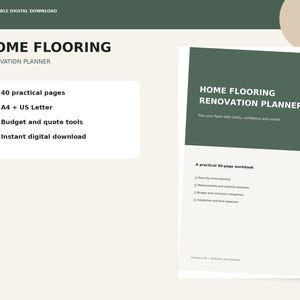 Può includere: Un pianificatore digitale per la ristrutturazione dei pavimenti che include una cartella di lavoro di 40 pagine con strumenti per budget e preventivi. Il documento è disponibile in formato A4 e US Letter. Design verde scuro e crema con testo.