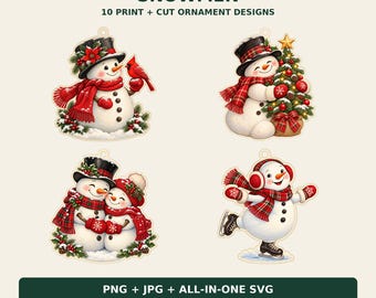 Puede incluir: Conjunto de archivos digitales titulado DBF DESIGNS SNOWMEN 10 PRINT + CUT ORNAMENT DESIGNS. Incluye cuatro ilustraciones de muñecos de nieve con sombreros negros, bufandas de cuadros rojos y manoplas, con un cardenal, árbol y patines.