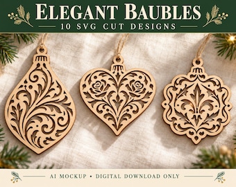 Puede incluir: Tres adornos de madera cortados con láser con intrincados patrones de filigrana, incluyendo una forma de lágrima, un corazón con rosas y una forma circular festoneada, cada uno colgado de un lazo de yute, etiquetados Elegant Baubles 10 SVG Cut Designs.