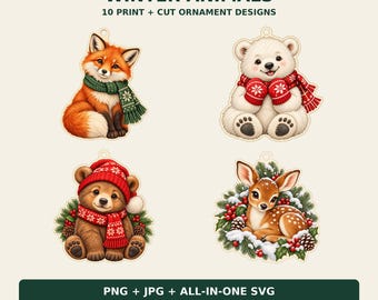 Puede incluir: Descarga digital DBF DESIGNS WINTER ANIMALS 10 PRINT + CUT ORNAMENT DESIGNS. Incluye ilustraciones de un zorro con bufanda verde, un oso blanco con manoplas rojas, un oso pardo con gorro rojo y un cervatillo en una corona. PNG + JPG + SVG.