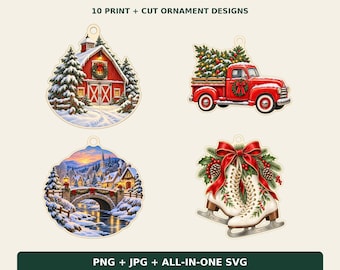 Puede incluir: Cuatro diseños de adornos con temática invernal etiquetados DBF DESIGNS WINTER CLASSICS 10 PRINT + CUT ORNAMENT DESIGNS. Las imágenes incluyen un granero rojo, un camión rojo con un árbol, un pueblo nevado y patines de hielo.