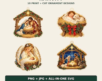 Puede incluir: Una colección digital de 10 diseños de adornos de Natividad para imprimir y cortar con escenas de la sagrada familia, ángeles y animales. El texto dice DBF DESIGNS NATIVITY 10 PRINT + CUT ORNAMENT DESIGNS PNG + JPG + ALL-IN-ONE SVG.