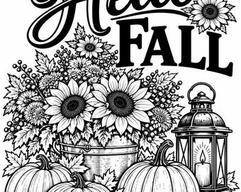 Puede incluir: Una ilustración gráfica en blanco y negro con el texto Hello Fall. El diseño incluye un cubo lleno de girasoles y follaje, tres calabazas dispuestas en la base y un farol encendido con una vela en su interior.