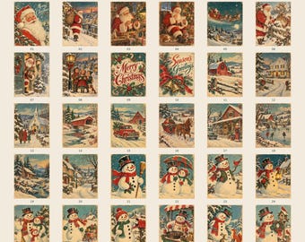 Puede incluir: Una colección digital de 30 ilustraciones navideñas de estilo vintage titulada THE COMPLETE VINTAGE COLLECTION por DBF DESIGNS. La cuadrícula muestra varias escenas con Santa Claus, muñecos de nieve, paisajes invernales y saludos festivos.