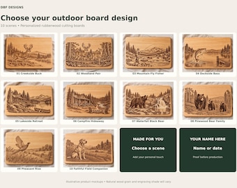Puede incluir: Una colección de diez tablas de cortar rectangulares de madera de caucho con escenas al aire libre grabadas con láser, incluyendo fauna, cabañas y paisajes. La imagen incluye etiquetas de texto para cada diseño y espacios para nombres y fechas.