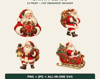 Puede incluir: Descarga digital DBF DESIGNS SANTA CLAUS 10 PRINT + CUT ORNAMENT DESIGNS. Cuatro ilustraciones de Santa Claus con traje rojo y ribete de piel blanca, sosteniendo un regalo, un saco de juguetes, una linterna y montado en un trineo.