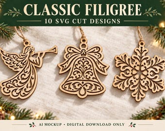 Puede incluir: Tres adornos de madera cortados con láser con intrincados patrones de filigrana, que incluyen un ángel tocando una trompeta, una campana con un lazo y un copo de nieve. El texto CLASSIC FILIGREE 10 SVG CUT DESIGNS aparece arriba y AI MOCKUP DIGITAL DOWNLOAD ONLY abajo.