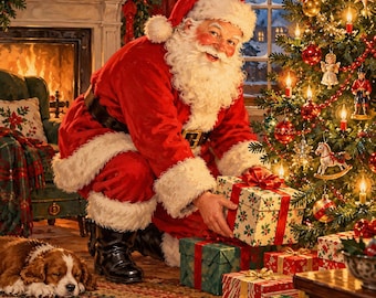 Puede incluir: Santa Claus con barba blanca y traje rojo se arrodilla junto a un árbol de Navidad decorado, colocando un regalo envuelto en papel blanco con patrones de acebo verde y una cinta roja. Un pequeño perro marrón y blanco duerme en una alfombra.