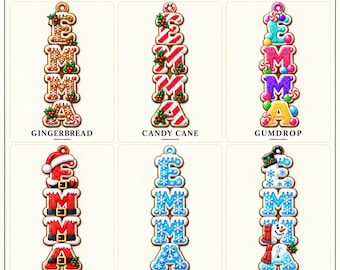Puede incluir: Seis adornos navideños verticales personalizados con el nombre EMMA en diferentes estilos: pan de jengibre, bastón de caramelo, gominola, traje de Santa, copo de nieve azul y muñeco de nieve. Cada adorno de madera plano tiene un lazo.