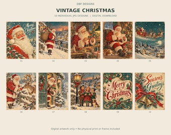 Puede incluir: Una colección de diez diseños digitales de Navidad vintage de DBF Designs con ilustraciones de Santa Claus, paisajes nevados, renos y saludos. El conjunto incluye archivos JPG individuales con escenas festivas, acebo, campanas y texto.