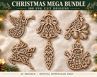 Puede incluir: Un conjunto de cinco adornos navideños de madera cortados con láser con intrincados patrones de filigrana. Los diseños incluyen un ángel con trompeta, una campana, un cardenal, un reno y un muñeco de nieve. Texto CHRISTMAS MEGA BUNDLE.