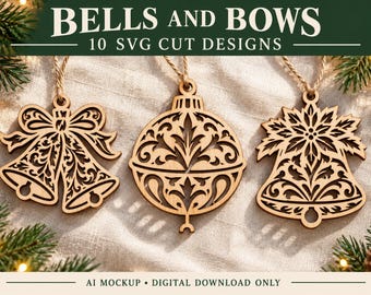 Puede incluir: Tres adornos de madera cortados con láser con intrincados patrones de filigrana, incluyendo dos formas de campana y una bola redonda, cada uno colgado de un cordel. El texto dice BELLS AND BOWS 10 SVG CUT DESIGNS y AI MOCKUP DIGITAL DOWNLOAD ONLY.
