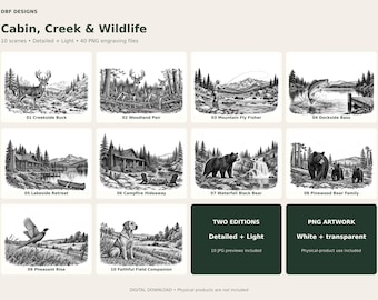 Puede incluir: Una colección digital titulada Cabin, Creek & Wildlife de DBF Designs con 40 archivos de grabado en blanco y negro. El conjunto incluye 10 escenas de naturaleza: un ciervo, una pareja, un pescador, una lubina, un lago, una fogata, osos y un perro.