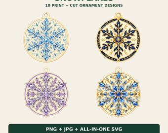 Puede incluir: Cuatro diseños de adornos circulares etiquetados como DBF DESIGNS SNOWFLAKES 10 PRINT + CUT ORNAMENT DESIGNS. Los gráficos presentan intrincados patrones de copos de nieve en tonos azul, dorado y morado, disponibles en archivos PNG, JPG y SVG.