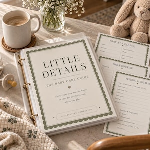 May include: A white binder titled Little Details The Baby Care Guide with a sage green scalloped border. The cover includes the text Everything you need to know to care for our little one, all in one place and A Caregiver Companion. Several matching printed forms are visible, including Baby at a Glance, Daily Routine, and Feeding and Bottles.