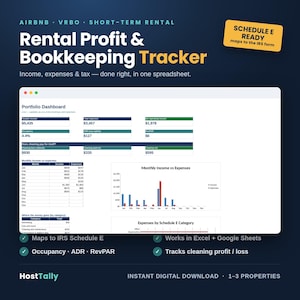 May include: A digital rental profit and bookkeeping tracker spreadsheet for Airbnb and VRBO. The interface displays a portfolio dashboard with income, expenses, tax data, monthly charts, and a yellow tag stating Schedule E Ready maps to the IRS form.