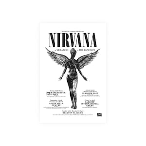May include: A black and white concert poster for Nirvana, Sebadoh, and The Raincoats. The central graphic features a winged figure. Text includes tour dates and venues such as Manchester G-Mex, Glasgow SECC, Aston Villa Centre, Cardiff International Arena, and Brixton Academy.