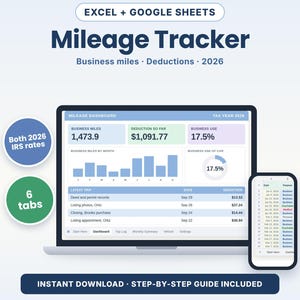 May include: A digital mileage tracker spreadsheet for Excel and Google Sheets, featuring a dashboard with business miles, deductions, and tax year 2026 data. The interface displays charts, a trip log, and a mobile view, with text indicating 2026 IRS rates.