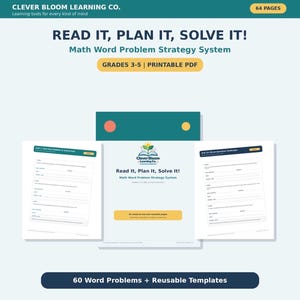 Könnte beinhalten: Ein 64-seitiges, druckbares PDF-System für mathematische Textaufgaben mit dem Titel Read It, Plan It, Solve It! von Clever Bloom Learning Co. Das Set enthält 60 Textaufgaben und wiederverwendbare Vorlagen für die Klassen 3-5.
