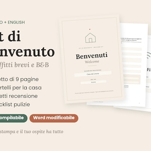 Op de afbeelding: Een welkomstpakket voor kortetermijnverhuur en B&B's met een boekje van negen pagina's, zes huisborden, beoordelingskaarten en een schoonmaakchecklist. De documenten zijn in het Italiaans en Engels, met tekst zoals Kit di benvenuto en Welcome.