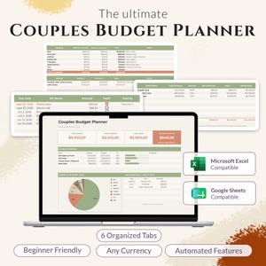 Puede incluir: Un planificador de presupuesto para parejas digital en una pantalla de portátil, con tablas de ingresos, gastos, deudas y ahorros. La interfaz incluye un gráfico circular y es compatible con Microsoft Excel y Google Sheets.