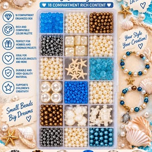 May include: A clear plastic storage box with 18 compartments filled with assorted beads and charms. The set includes metallic, pearl-like, and blue beads, along with starfish, seashell, and turtle-shaped charms for jewelry making projects.